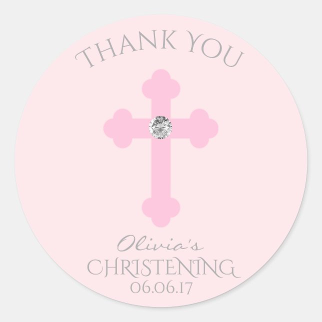 Sticker Rond Bébé Croix rose Baptême / Christening Merci fille (Devant)