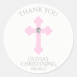 Sticker Rond Bébé Croix rose Baptême / Christening Merci fille