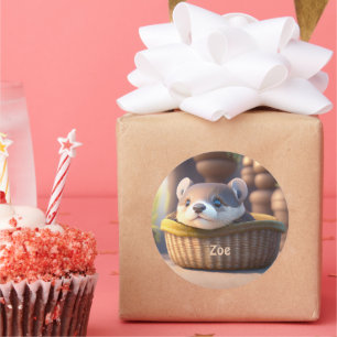 Sticker Rond Bébé de loutre mignon dans un panier - enfants per