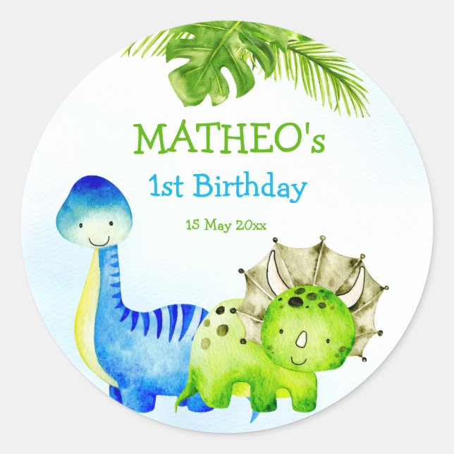 Sticker Rond Bébé dinosaures fête d'anniversaire pour tout-peti (Devant)