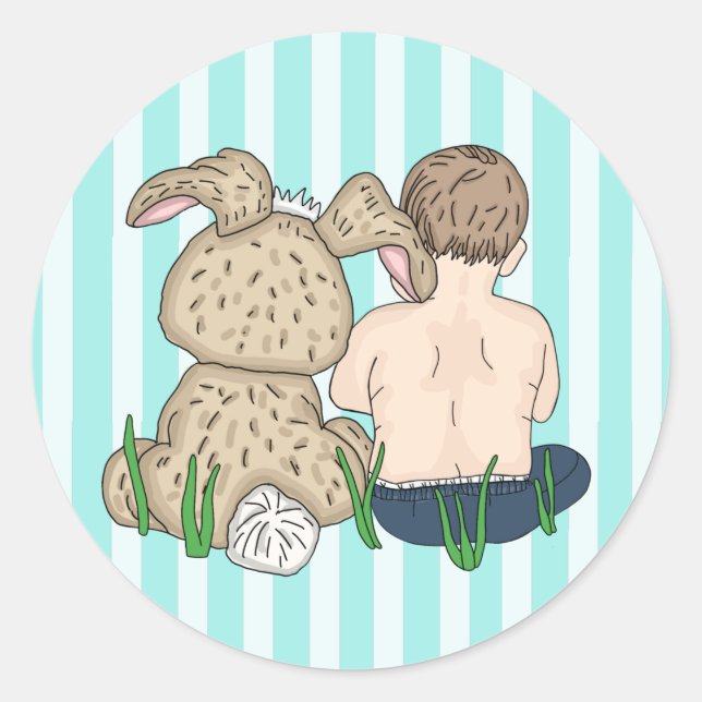 Sticker Rond Bébé doux garçon et lapin de Pâques heureux Pâques (Devant)