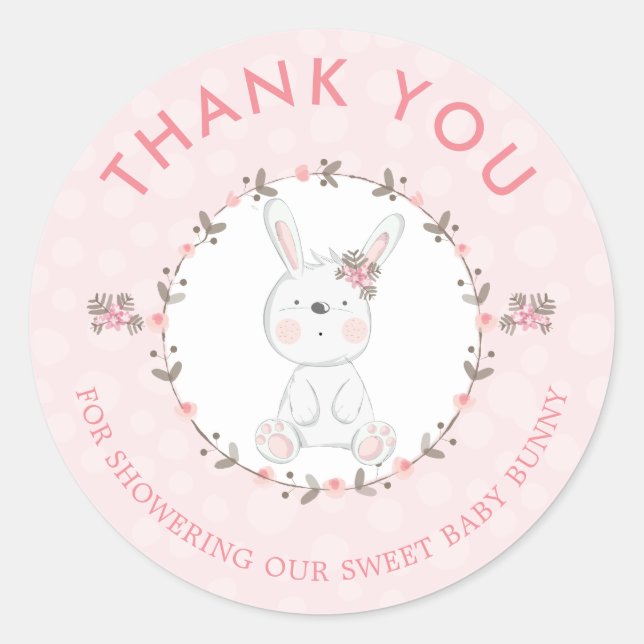 Sticker Rond Bébé doux lapin Baby shower Floral Merci (Devant)