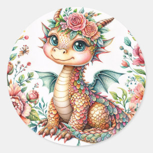 Sticker Rond Bébé Dragon Fleurissant – Aquarelle Florale