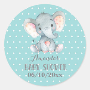 Sticker Rond Bébé éléphant Shower Aqua et Gris