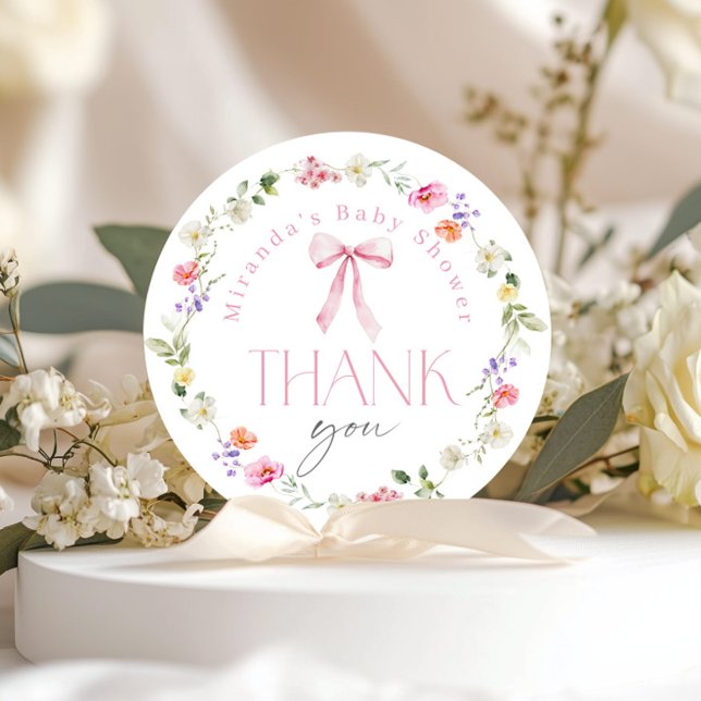 Sticker Rond Bébé en Baby shower Merci rose en fleur (Créateur téléchargé)