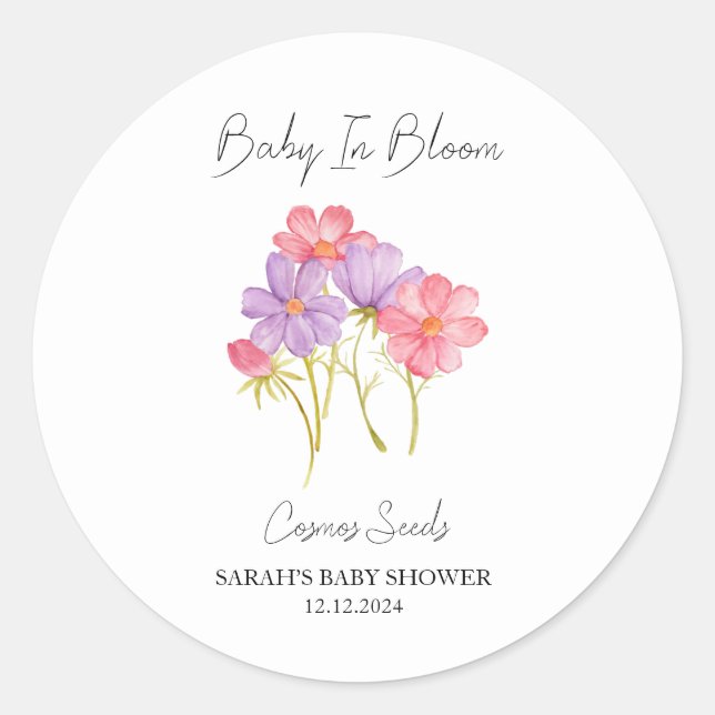 Sticker Rond Bébé en Bloom l Cosmos Baby shower de semences (Devant)