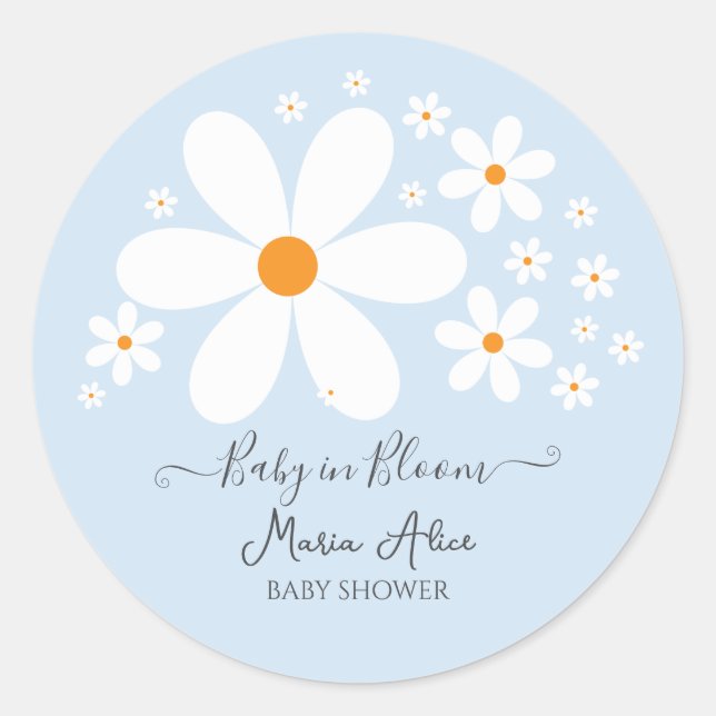 Sticker Rond Bébé en Fleur Baby shower bleu marguerite (Devant)