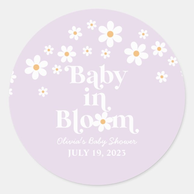 Sticker Rond Bébé en Fleur Baby shower lavande Daisy (Devant)
