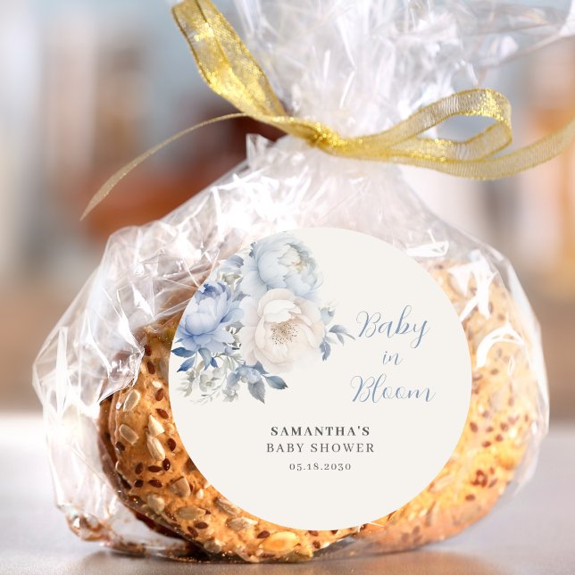 Sticker Rond Bébé En Fleur Bleu Floral Baby shower Garçon (Créateur téléchargé)