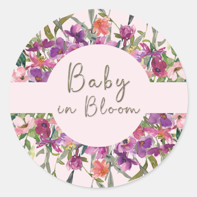 Sticker Rond Bébé en Fleur Blush Floral Aquarelle Baby shower (Devant)