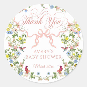 Sticker Rond Bébé en Fleur Bow rose Baby shower Floral Fille