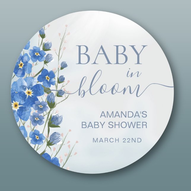 Sticker Rond Bébé en Fleur Garçon Bleu Floral Douche (Créateur téléchargé)
