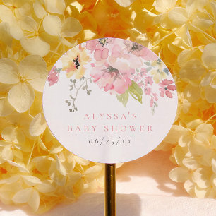 Sticker Rond Bébé en fleurs rose fuchsia Baby Shower Fille Fleu