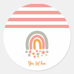 Sticker Rond Bébé étoiles arc-en-ciel nom personnalisé rose 