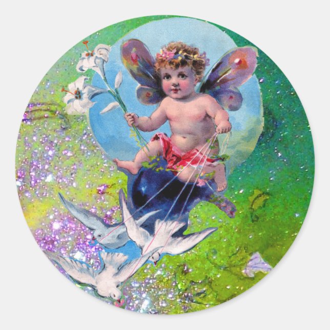 Sticker Rond BÉBÉ FAIRY AVEC DES POIDS EN PARKLES bleu rose ver (Devant)