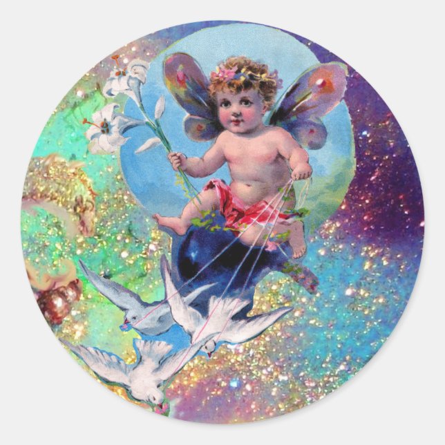 Sticker Rond BÉBÉ FAIRY AVEC DES POIDS EN PARKLES bleu vert (Devant)