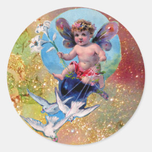 Sticker Rond BÉBÉ FAIRY AVEC DES POIGNES EN PARKLES jaune brun