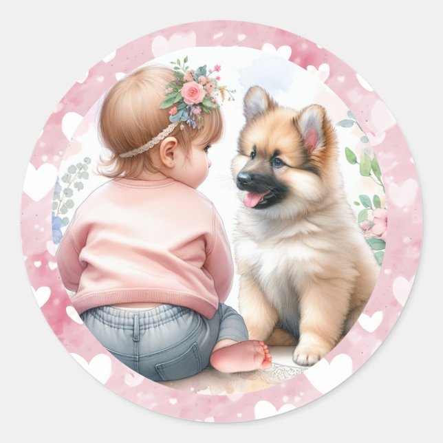 Sticker Rond Bébé fille et Baby shower rose chiot (Devant)