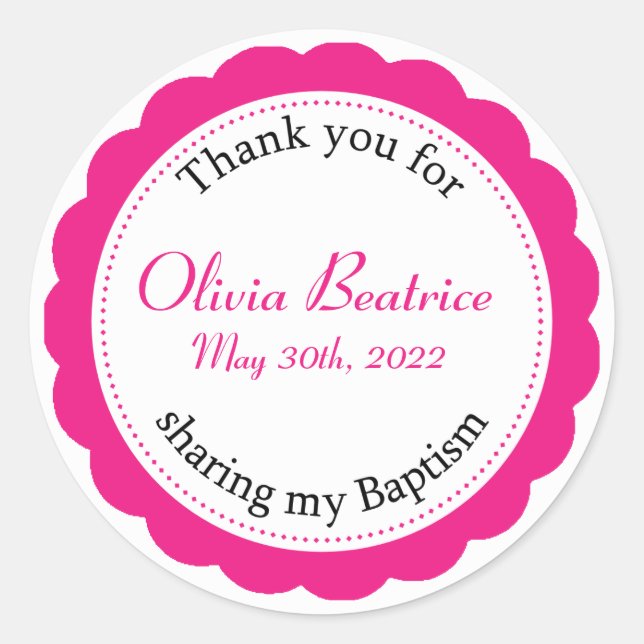 Sticker Rond Bébé Fille Merci rose Baptême (Devant)
