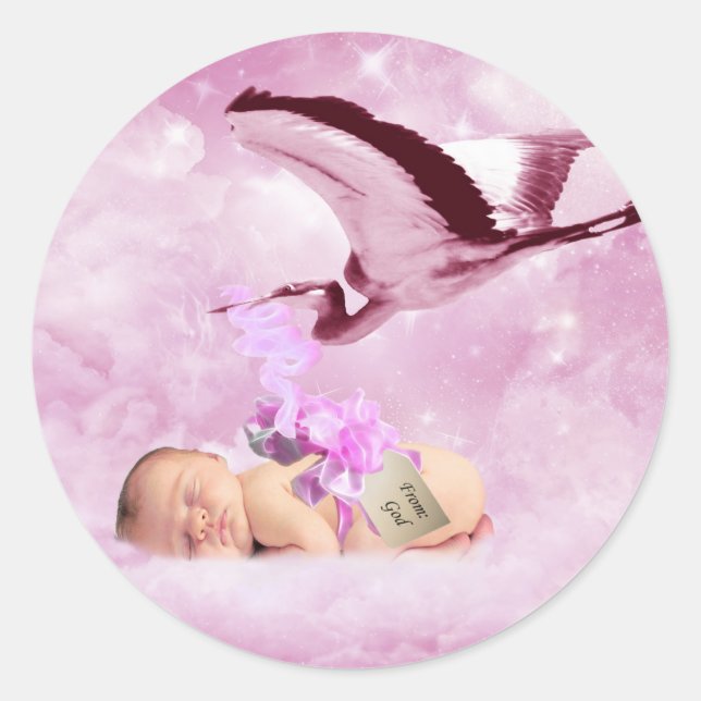Sticker Rond Bébé fille nuages roses et cigogne (Devant)