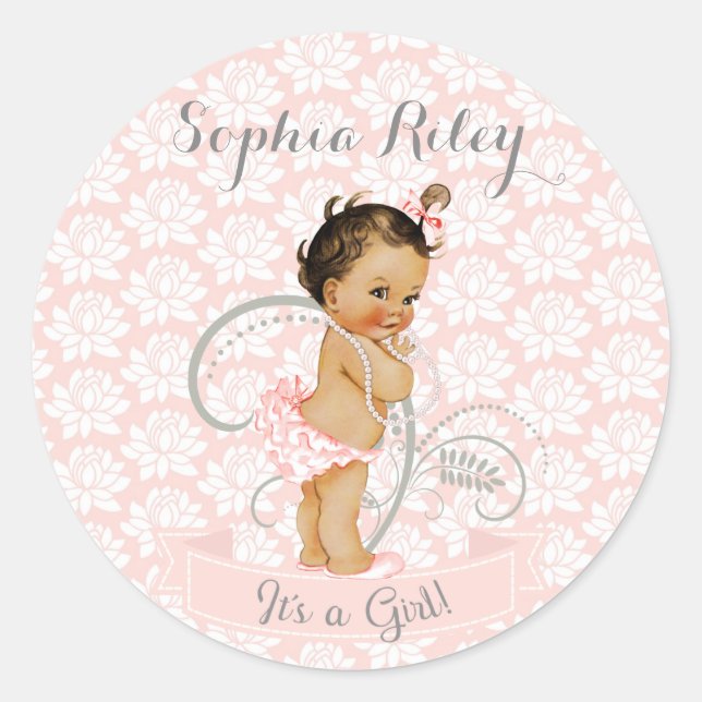 Sticker Rond Bébé Fille rose Afro-Américaine Latina Ethnique (Devant)