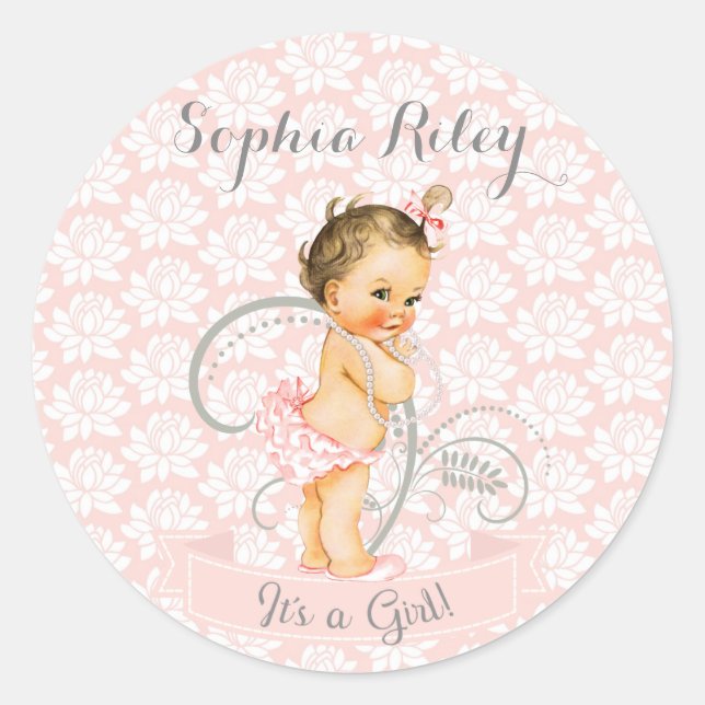 Sticker Rond Bébé Fille rose blanc & gris (Devant)