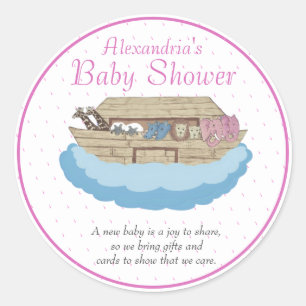 Sticker Rond Bébé fille rose Noah's Ark Baby shower Invitation