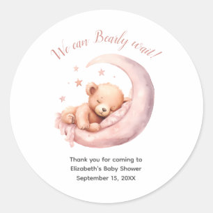 Sticker Rond Bébé Fille rose Ours Lune Baby shower d'attente pr