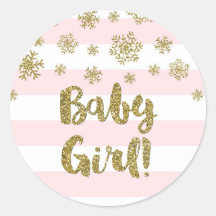 Sticker Rond Bébé Fille rose rayure or neige Baby shower d'hive