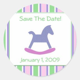 Sticker Rond Bébé fille rose, violet, Cheval de Jouet vert Stic