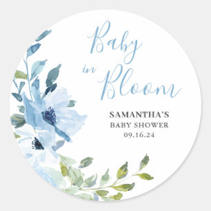 Sticker Rond Bébé Floral Bleu En Fleur Garçon Douche