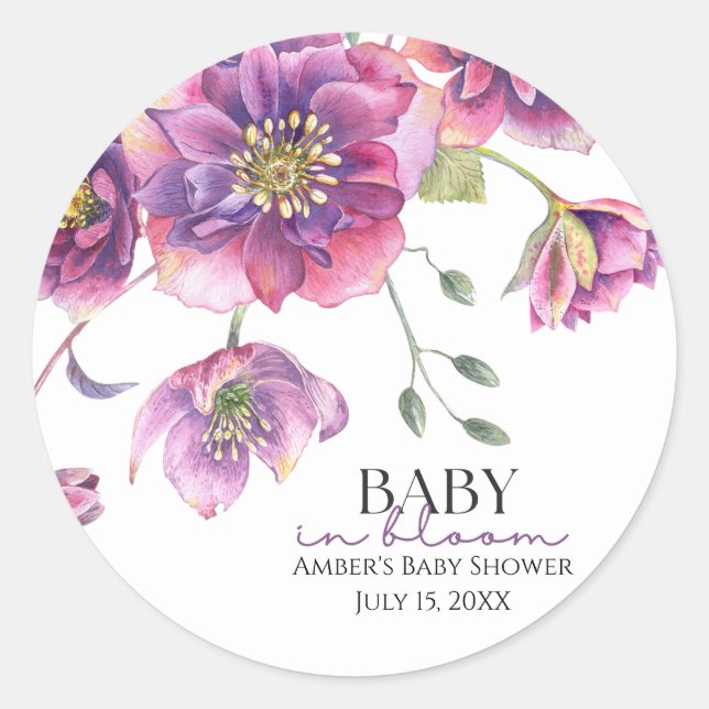 Sticker Rond Bébé floral pourpre en Baby shower de fleurs (Devant)