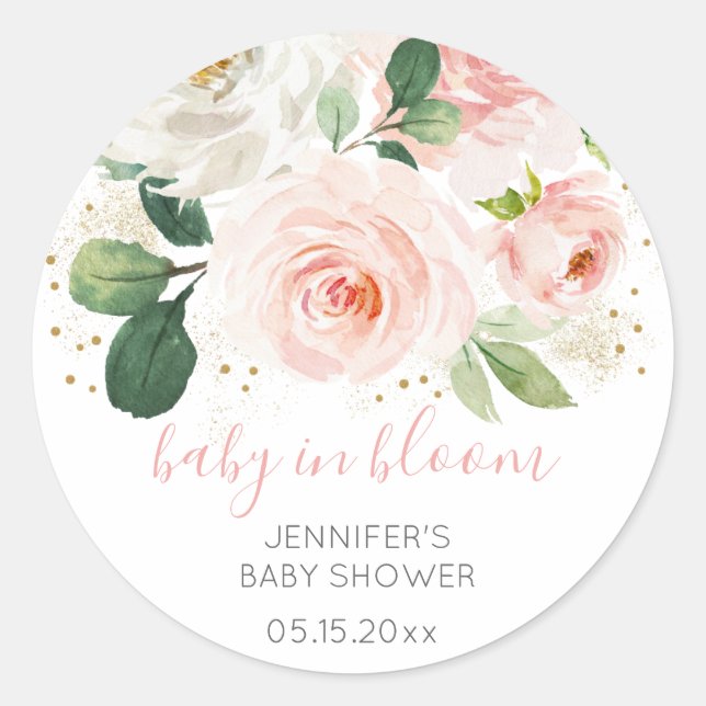 Sticker Rond Bébé Floral Rose Vive Dans Le Baby shower Fleuri (Devant)