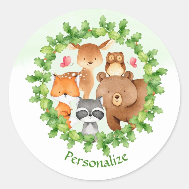 Sticker Rond Bébé Forêt Animaux Ours Raccoon Écureuil Anniversa (Devant)