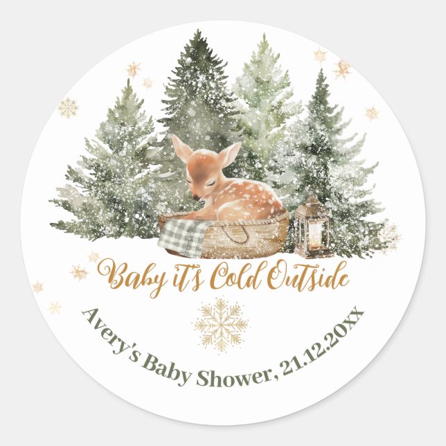 Sticker Rond Bébé froid à l'extérieur du Baby shower d'hiver de (Devant)