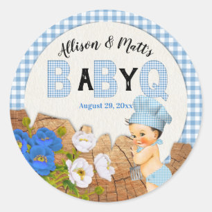 Sticker Rond Bébé garçon bleu Gingham bois Floral bébé Q BBQ Cl