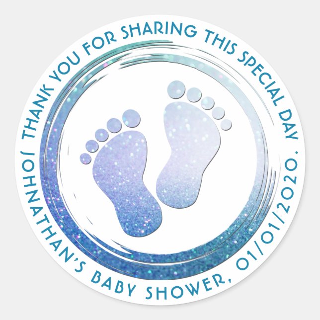 Sticker Rond Bébé Garçon Empreinte Baby shower brillant Favoris (Devant)