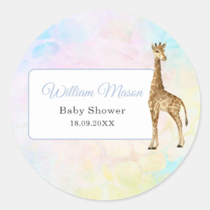 Sticker Rond Bébé girafeau mignon Baby Shower Bleu Sauvage