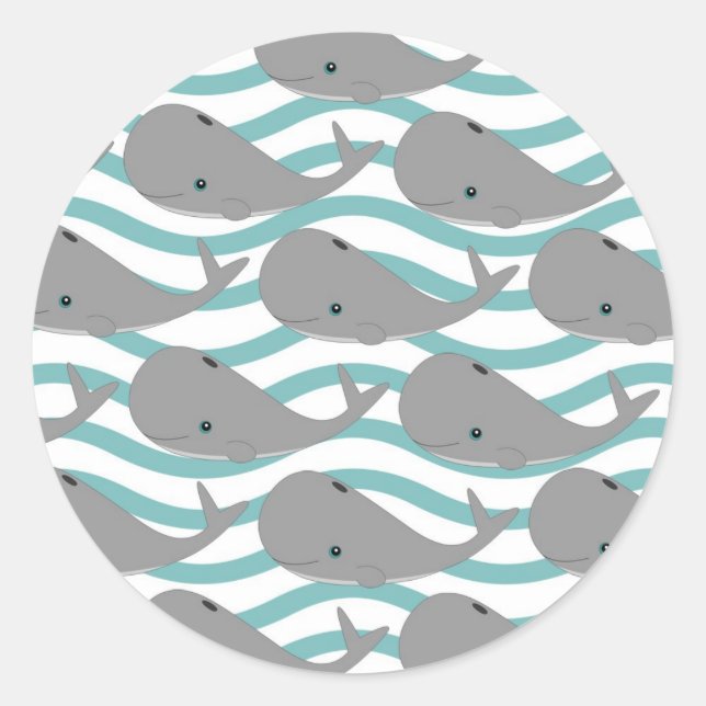 Sticker Rond Bébé gris mignonne baleine sur le dessin des vague (Devant)