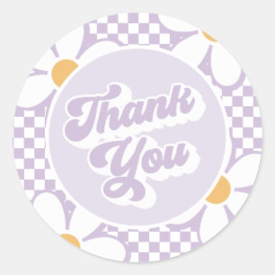 Sticker Rond Bébé Groovy Violet Daisy Checker Merci