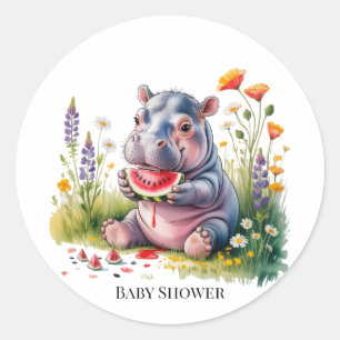 Sticker Rond Bébé Hippopotame Mignon Pastèque Baby Shower