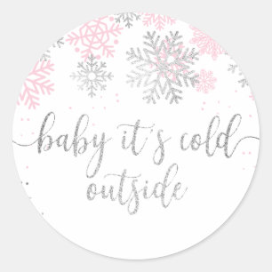 Sticker Rond Bébé Il fait froid dehors Pink et Silver Snowflake