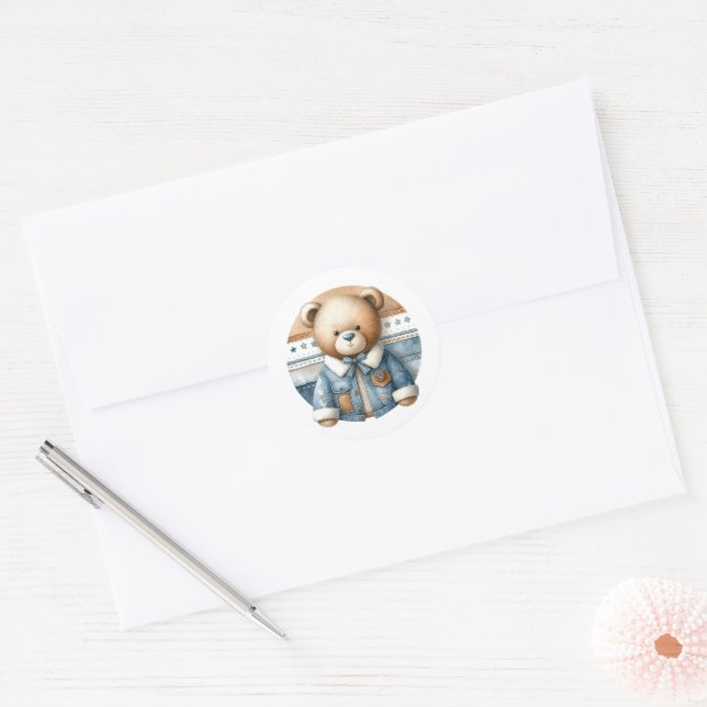 Sticker Rond Bébé Jean Bleu Ours en Peluche en Denim Baby Showe (Enveloppe)