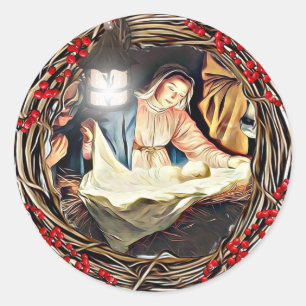 Sticker Rond Bébé Jésus et Noël de nativité de Vierge Mari
