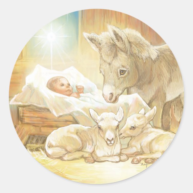 Sticker Rond Bébé Jésus Nativité avec agneaux et âne (Devant)