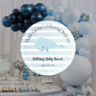Sticker Rond Bébé mignon Bleu baleine Merci rayé