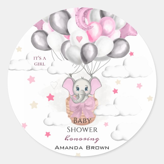 Sticker Rond Bébé mignon Eléphant Balloon Panier Baby shower fi (Devant)