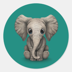 Sticker Rond Bébé mignon Eléphant Calf assis, bleu Turquoise