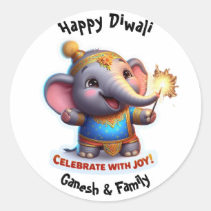 Sticker Rond Bébé mignon éléphant en tenue festive Diwali