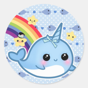 Sticker Rond Bébé mignon narwhal avec l'arc-en-ciel et les